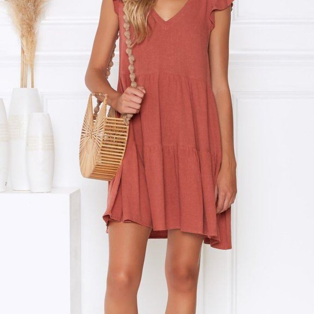 Skirt casual lotus leaf solid color V-neck dress European sleeves